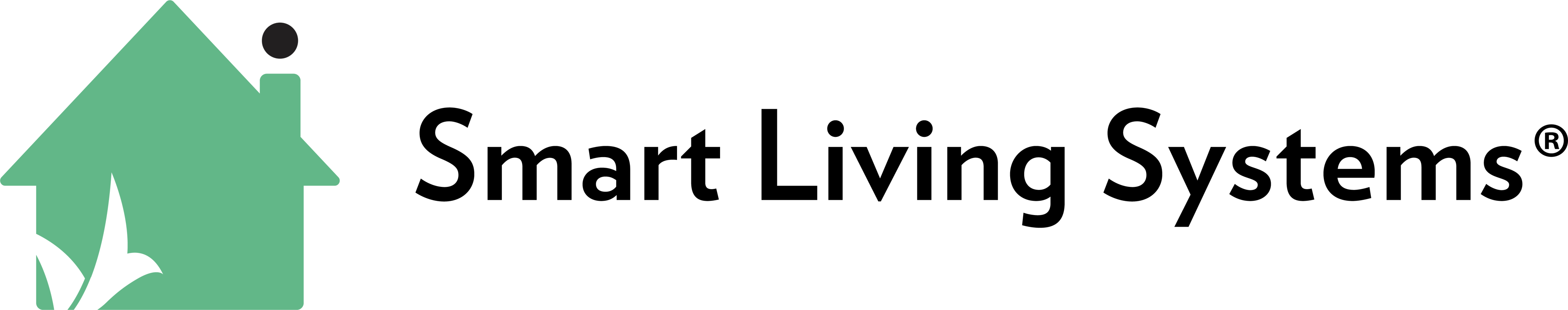 Green house outline with white bird. Text to the right reads Smart Living Systems